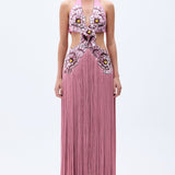 Flower Embdoridery Detailed Maxi Gown With Silk Fringes