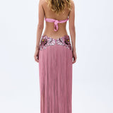 Flower Embdoridery Detailed Maxi Gown With Silk Fringes