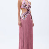 Flower Embdoridery Detailed Maxi Gown With Silk Fringes