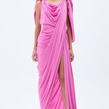 Pink Maxi Dress With Slit & Red Rope Detail On Shoulders