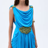 Blue Mini Dress With Pistachio Green Handmade Belt Detail