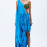 One Shouldered Blue Maxi Dress With Handmade Rope Detailed Bra