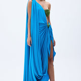 One Shouldered Blue Maxi Dress With Handmade Rope Detailed Bra