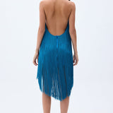 Backless Blue Mini Dress With Silk Fringes & Swarovski Stone Detailed Necklace