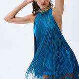 Backless Blue Mini Dress With Silk Fringes & Swarovski Stone Detailed Necklace