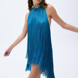 Backless Blue Mini Dress With Silk Fringes & Swarovski Stone Detailed Necklace