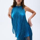 Backless Blue Mini Dress With Silk Fringes & Swarovski Stone Detailed Necklace