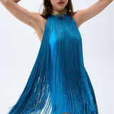 Backless Blue Mini Dress With Silk Fringes & Swarovski Stone Detailed Necklace