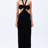 Black Backless Cut Out Maxi Dress With Handmade Rope Detailed Bra & Slit In The Front