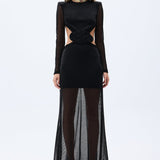 Glittered Black Knit Maxi Dress With Long Sleeves And Handmade Belt Detail