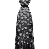 Flower Shaped Sequin Embroidered Black Net Gown With Handmade Belt Detail