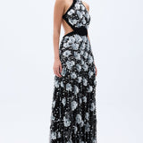 Flower Shaped Sequin Embroidered Black Net Gown With Handmade Belt Detail