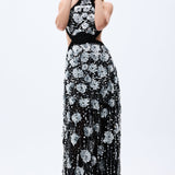 Flower Shaped Sequin Embroidered Black Net Gown With Handmade Belt Detail