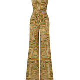 Gold Beaded Printed Chiffon Jumpsuit With Chain Belt