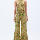 Gold Beaded Printed Chiffon Jumpsuit With Chain Belt