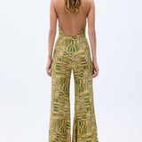 Gold Beaded Printed Chiffon Jumpsuit With Chain Belt