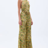 Gold Beaded Printed Chiffon Jumpsuit With Chain Belt