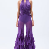 Purple Chiffon Jumpsuit With Laser Cut Frilled Cuffs