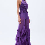 Purple Chiffon Jumpsuit With Laser Cut Frilled Cuffs