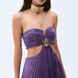 Purple Pleated Chiffon Jumpsuit With Swarovski Stone Detail