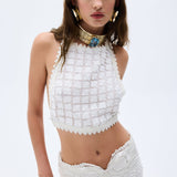 White Floral Embroidered Top With Strips