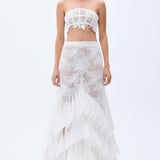 Laser Cut Chiffon Frill Detailed White Guipure Maxi Skirt