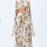 Pleated Chiffon Wide Leg Flower Printed Pants