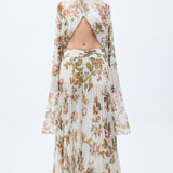 Pleated Chiffon Flower Printed Top With Flare Sleeves