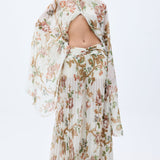 Pleated Chiffon Wide Leg Flower Printed Pants