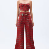 Brick Linen Corset Top With Sequined Stripes