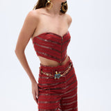 Brick Linen Corset Top With Sequined Stripes