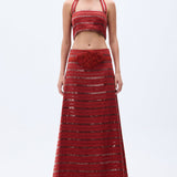 Brick Linen Strappy Crop Top With Sequined Stripes