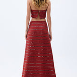 Brick Linen Strappy Crop Top With Sequined Stripes