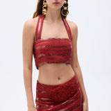 Brick Linen Strappy Crop Top With Sequined Stripes