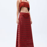 Brick Linen Maxi Skirt With Sequined Stripes & Handmade Belt Detail