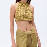 Gold Flower Embroidered Crystal Detailed Crop Top