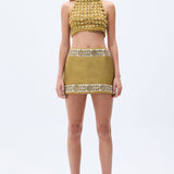 Gold Woven Mini Skirt With Embroidered Strips