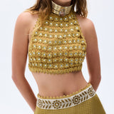 Gold Woven Mini Skirt With Embroidered Strips