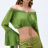 Green Chiffon Top With Gold Crystals And Flare Sleeves