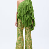 One Shouldered Pistachio Green Top With Laser Cut Chiffon Frills