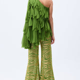 Gold Sequined Pistachio Green Chiffon Wide Leg Pants