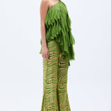 One Shouldered Pistachio Green Top With Laser Cut Chiffon Frills