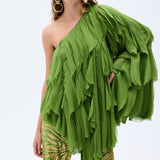 Gold Sequined Pistachio Green Chiffon Wide Leg Pants