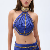 Shantung Crop Top With Nervure Sewing & Gold Chain Detail