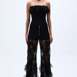 Black Guipure Wide Leg Pants With Flower Embroidery Detail