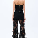 Black Guipure Wide Leg Pants With Flower Embroidery Detail