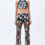 Flower Shaped Sequin Embroidered Black Net Crop Top