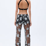 Flower Shaped Sequin Embroidered Black Net Crop Top