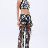 Flower Shaped Sequin Embroidered Black Net Flare Pants