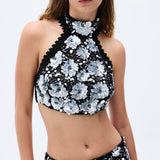 Flower Shaped Sequin Embroidered Black Net Crop Top